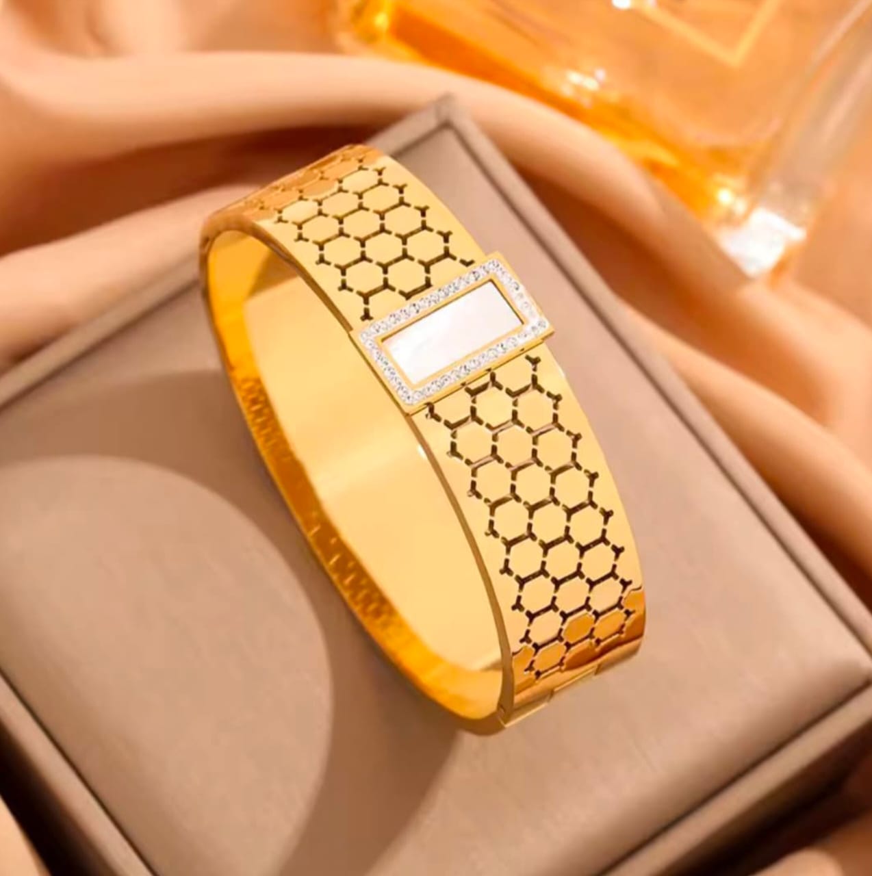 White Gem Gold Cuff Bangle