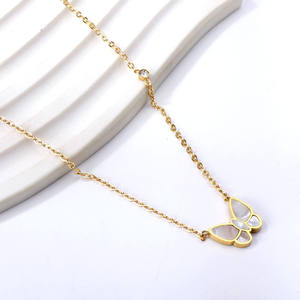 Opal Butterfly and Crystal Rhinestone Stainless Steel Necklace